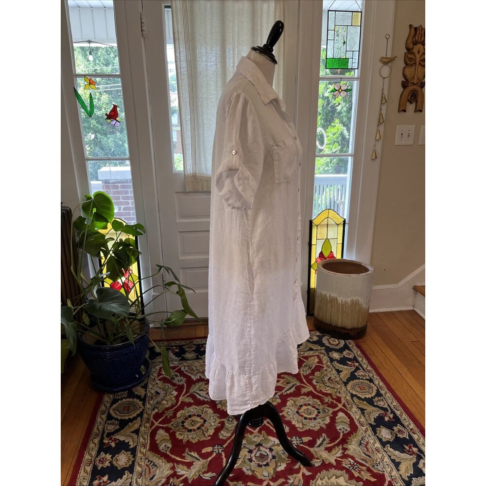Saks Fifth Avenue L 100% Linen White Dress Button Down Tiered Ruffle Pocket Boho - Picture 3 of 11